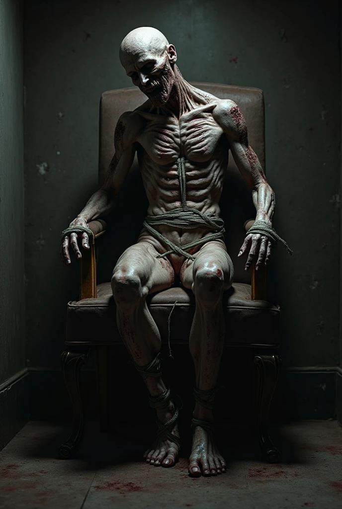 (best quality,4k,8k,highres,masterpiece:1.2),ultra-detailed,(realistic,photorealistic,photo-realistic:1.37),zombie sitting on a chair,conceptual art,in prison,crazy nightmare,electric,randomly executed,prisoner,death row,blindfold,lighting,macabre.