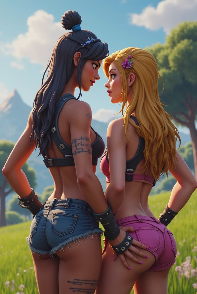 two gorgeous voluptuous muscle amazon women, ("Wilma Flintstone" with blonde hair and dressed in tight rustic and busted micro bikini), ("Betty Rubble" with black hair and dressed in tight rustic and busted micro bikini), looking at each other with passion, delicate face, delicate hands, musculous body, musculous arms, musculous legs, perfect big breasts, wide hips, in a jurassic forest