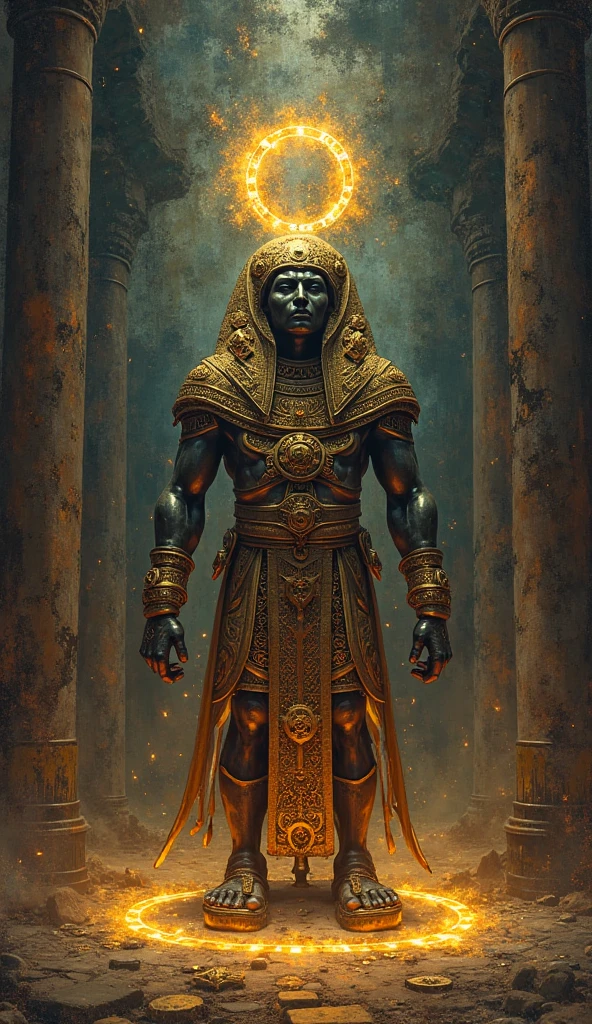 Bald, dark-skinned, egyptian-style, very muscular mage with a floating tome in front of him and glowing, Egyptian runes covering his entire body