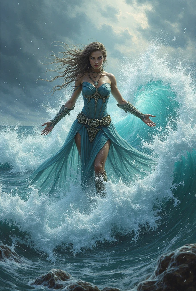 A tumultuous seascape under the furious gaze of a colossal goddess, her identity unmistakable as the embodiment of the sea's wrath. The goddess, an ethereal being of towering stature, emerges from the ocean's depths, her skin a vibrant blue that mirrors the tempestuous waves. Her hair, a wild tapestry of seaweed and coral, streams behind her, propelled by the ferocious winds she commands. A crown of seashells and pearls sits upon her head, glinting in the fiery light of the setting sun that pierces through the storm clouds. Her eyes, pools of liquid anger, glow with an otherworldly light as she raises a trident, its prongs crackling with bolts of electricity. The sea around her is a maelstrom of white-capped waves and swirling currents, teeming with sea creatures driven to the surface by her power. Terrified sailors cling to the rigging of a distant ship, their vessel at the mercy of the storm she has conjured. In the foreground, sea spray and foam splash against jagged rocks, emphasizing the chaos and power of the scene. The sky is a tumultuous mix of dark purples and greys, illuminated by the erratic flashes of lightning that dance around the goddess's form. The horizon is a blurred line where sea meets sky, a reflection of the turmoil that has been unleashed. The overall composition is a powerful depiction of nature's fury personified, leaving the viewer with a sense of awe and a stark reminder of human vulnerability in the face of divine rage.
