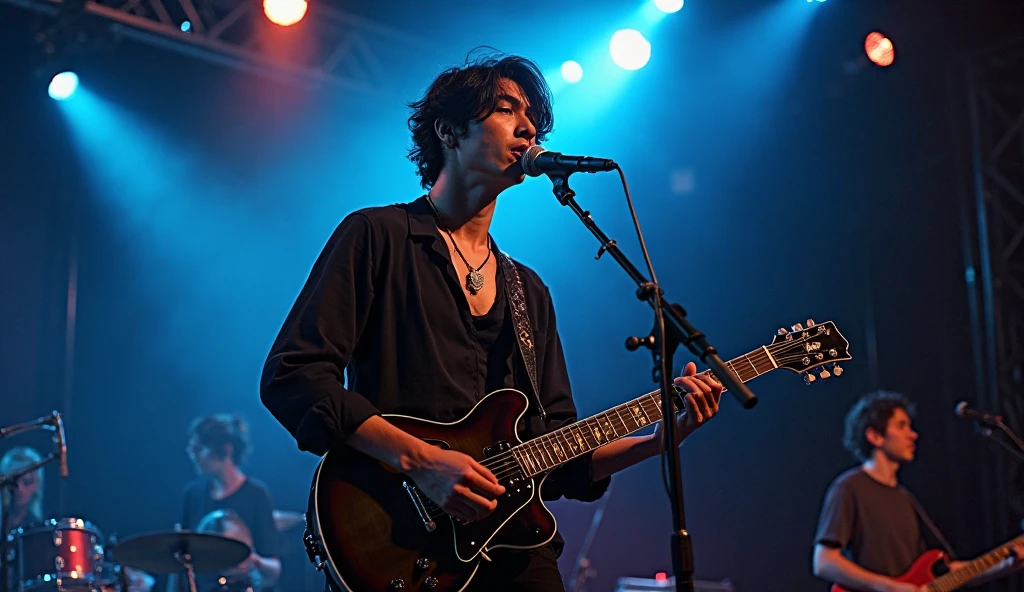 Young man of Asian features stands on stage, illuminated by bright spotlights. Its black, slightly disheveled wavy hair falls on his forehead, a dark, a penetrating gaze looks ahead. Facial expression calm,  Confident , with a hint of melancholy and deep thoughtfulness.

He is dressed in black dust a dress with slightly rolled up sleeves, underneath — dark t-shirt with deep cut. A thin leather cord around the neck with a pendant. His left hand confidently rests on the neck of the electric guitar, and right holding mediator. Classical guitar, black or dark red, with vintage design.

In front of him stands a microphone on a stand, tilted slightly forward. Background — scene with clubs of divas, with blue and red neon lights. Drums visible, amplifiers and spectators in the dark. Atmosphere deep, Dramatic, full of live performance energy, with a sense of freedom and rock underground