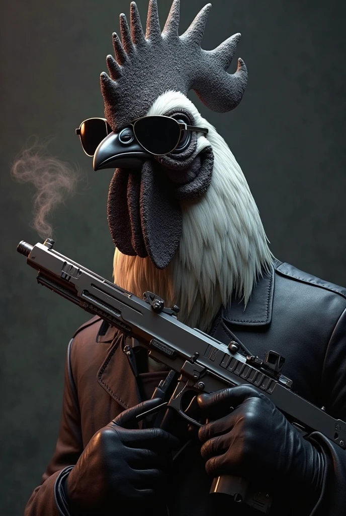 Make a rooster, focused on the head (black and white) he's wearing a ...