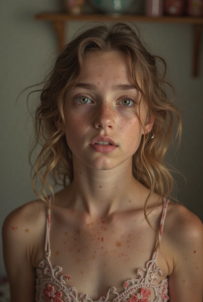 really pretty 18 years old girl. Brown hair. Innocent face. Straight looking to the camera. Facing the camera. Light brown eyes. Freckles. Unique face