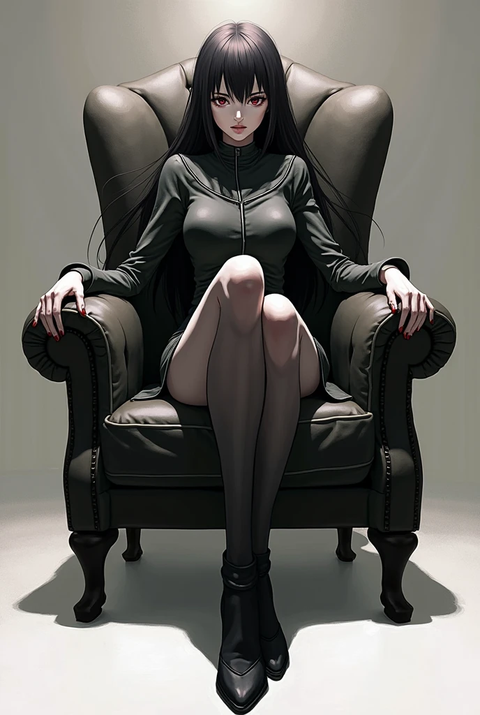 Black leather gloves with five fingers on both hands, Black leather tight skirt, black leather blazer, Long black leather boots, sit with sexy legs lined up on a luxurious leather chair, both hands in leather gloves are aligned on the knees, Hair tied behind her, A mysterious goth woman with heavy makeup