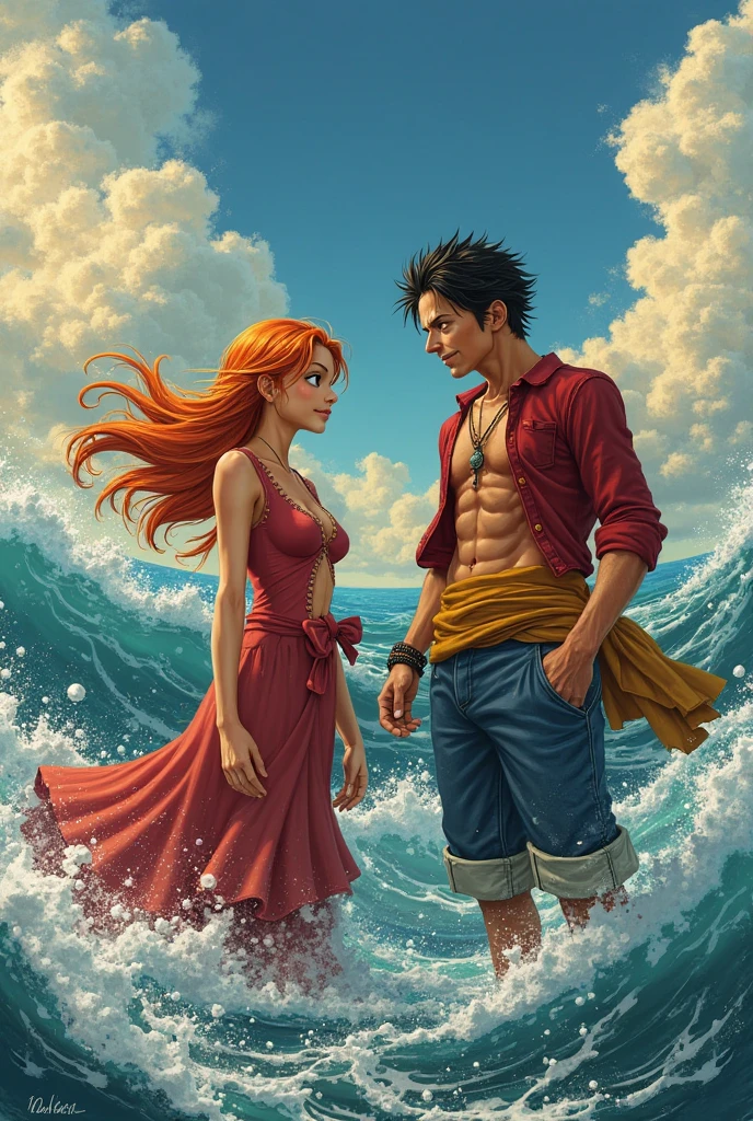 rob lucci with his long hair and nami hugging each other, while sanji vinsmoke, Mokey D Luffy and Nico Robin look terrified as they stand together.
