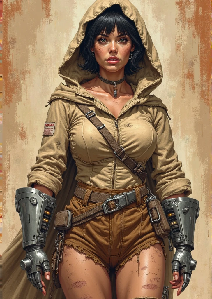 (masterpiece), best quality, expressive eyes, perfect face, detailed eyes, dark fantasy, Margot, dystopian world, dystopian warrior, cleavage, black and gold outfit, massive snoopy breast, badass woman, sensual ,