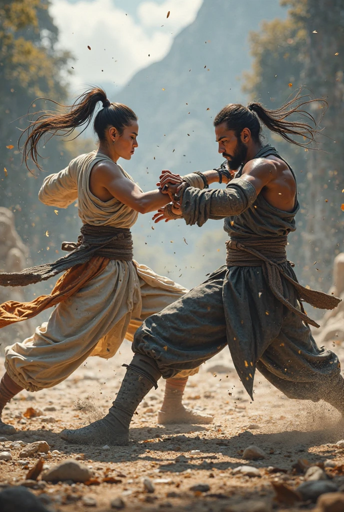 A cinematic action shot of Kutulun, the Mongolian warrior princess, in the midst of a wrestling match, overpowering a strong suitor. The scene should be intense, with dust rising and the suitor struggling, while the onlookers watch in awe. The colors should be vivid and energetic.