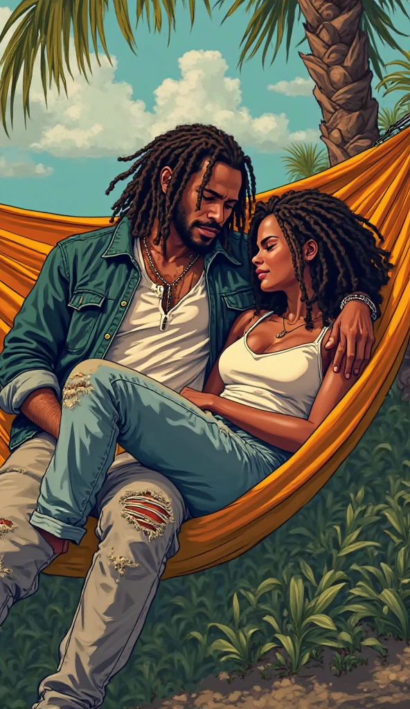 rating_explicit, naked, source_comic, 1 man, 1 woman, blue eyes white strong man, short black hair, pointed face, shirtless, kissing a african woman, white shirt, dreads hair, huging, in oasis, nakeds