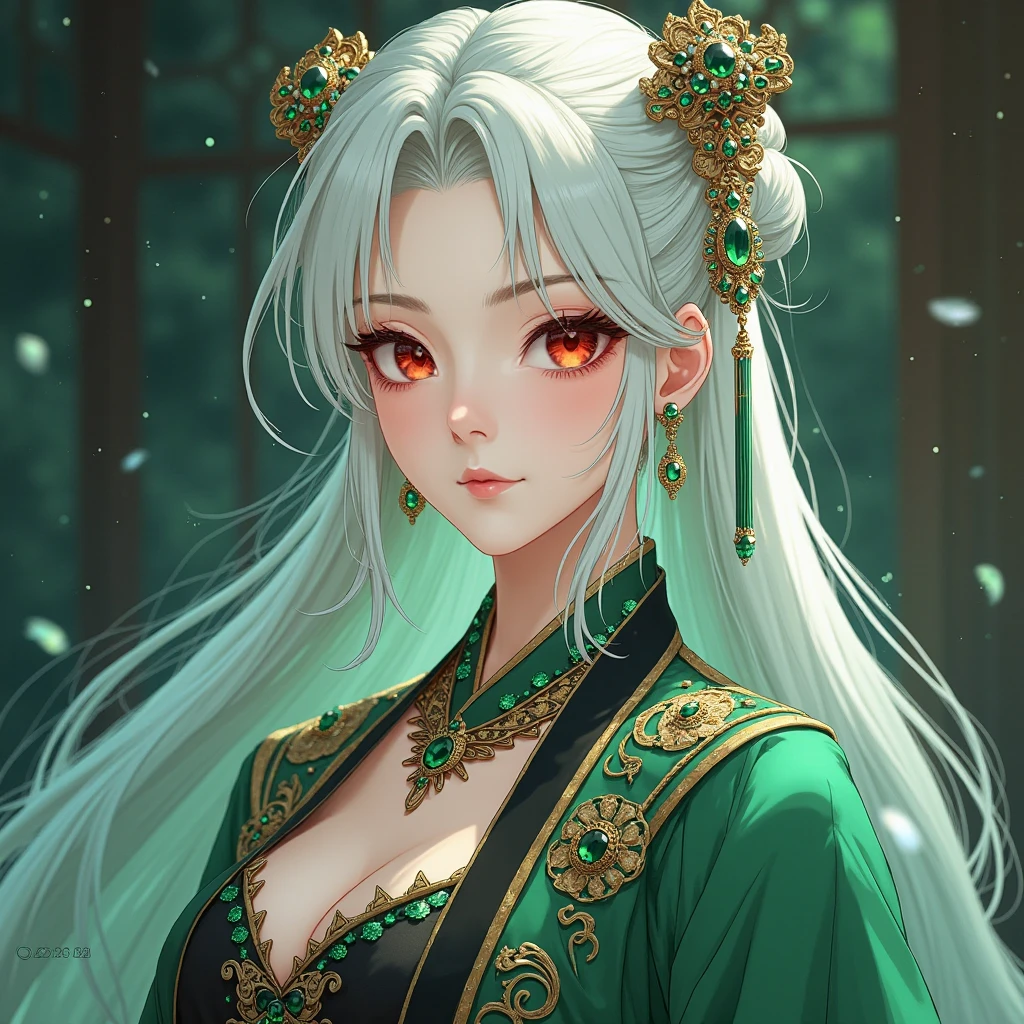 Adult woman, long white hair, green eyes, wide neckline, plunging neckline, smile, hanfu, masterpiece, high quality