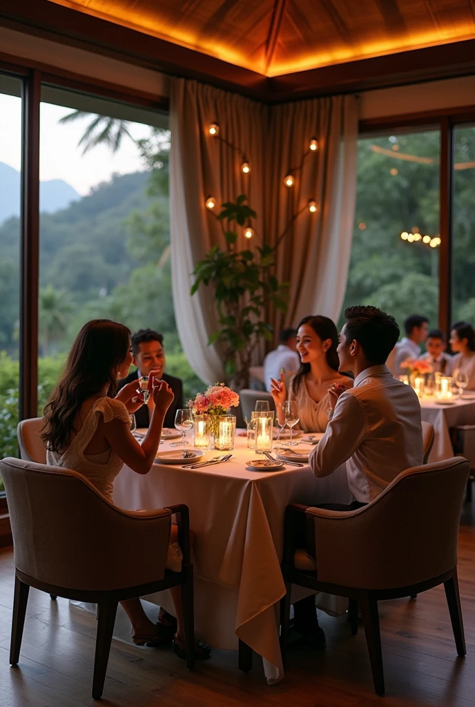 80s style，A group of fashionable people，Chinese，Parties，In the villa garden，On the rooftop，Night，evening，reunion，Reception，wine，Wine glass close-up，Wine Tasting，Suit，High heel（Rich details），（Best quality），Film Style