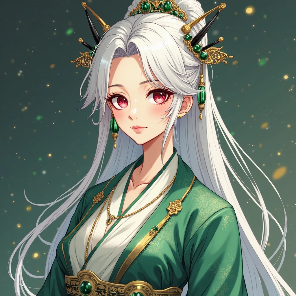 Adult woman, long white hair, green eyes, wide neckline, plunging neckline, smile, hanfu, masterpiece, high quality