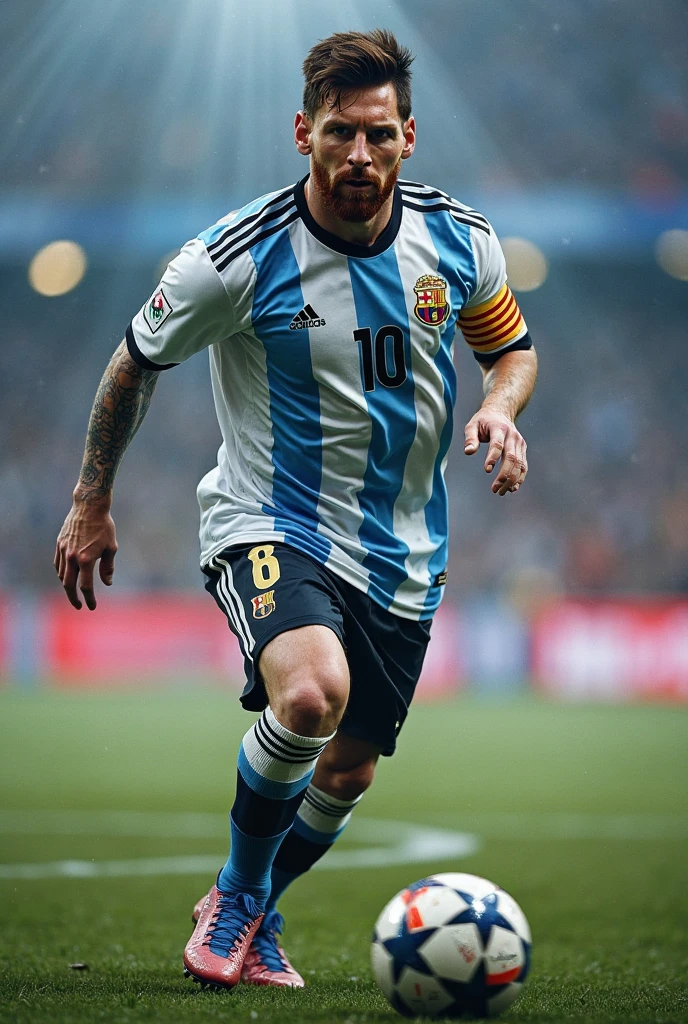 imagem hiper-realista de Lionel Messi em uma pose de frente, wearing the red shirt of America. with all the details of facial expression, do cabelo, das texturas da camisa e da pele, as well as realistic lighting that highlights its characteristic features. transmit all the intensity and determination that Messi shows on the pitch, making it an authentic and impressive representation of this icon of world football extreme realism in interview position