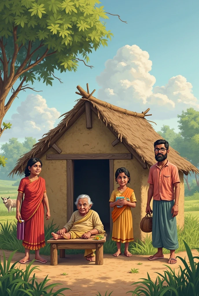 Here’s a prompt you can use for generating a cartoon image that depicts a poor lifestyle:
"A 2D cartoon scene in a small, run-down village. The houses are made of mud with thatched roofs, some showing signs of wear and tear. The ground is dry and cracked, with a few sparse plants struggling to survive. In the foreground, a family of four is depicted; the father is wearing a simple, worn-out dhoti and shirt, the mother is in a faded saree, and their children are dressed in old, patched-up clothes. They are sitting on the ground outside their modest home, sharing a simple meal. The expressions on their faces reflect resilience despite their hardships. The surrounding environment includes a dusty path leading away from the village, with a few farm animals nearby. The overall atmosphere is one of struggle but also of family unity and strength in the face of poverty."
This prompt should help in creating an image that effectively represents a cartoon-style depiction of a poor lifestyle.