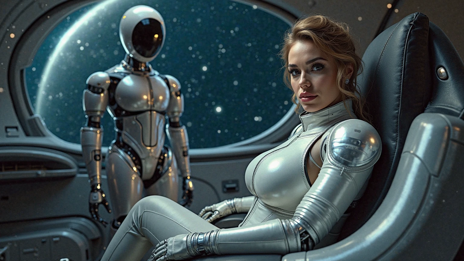 (subject 1: A cute woman Space explorer, embarrassed, attempting to cover herself, stripped naked except for her belt and shoes ) has encountered an alien civilization (Subject 2: Scary but friendly aliens, cybernetic enhanced, robot servants), they examine the space explorer without respecting personal space (sucking on her tis, fingering and fucking her anus and vagina) and offer alien food to the space explorer