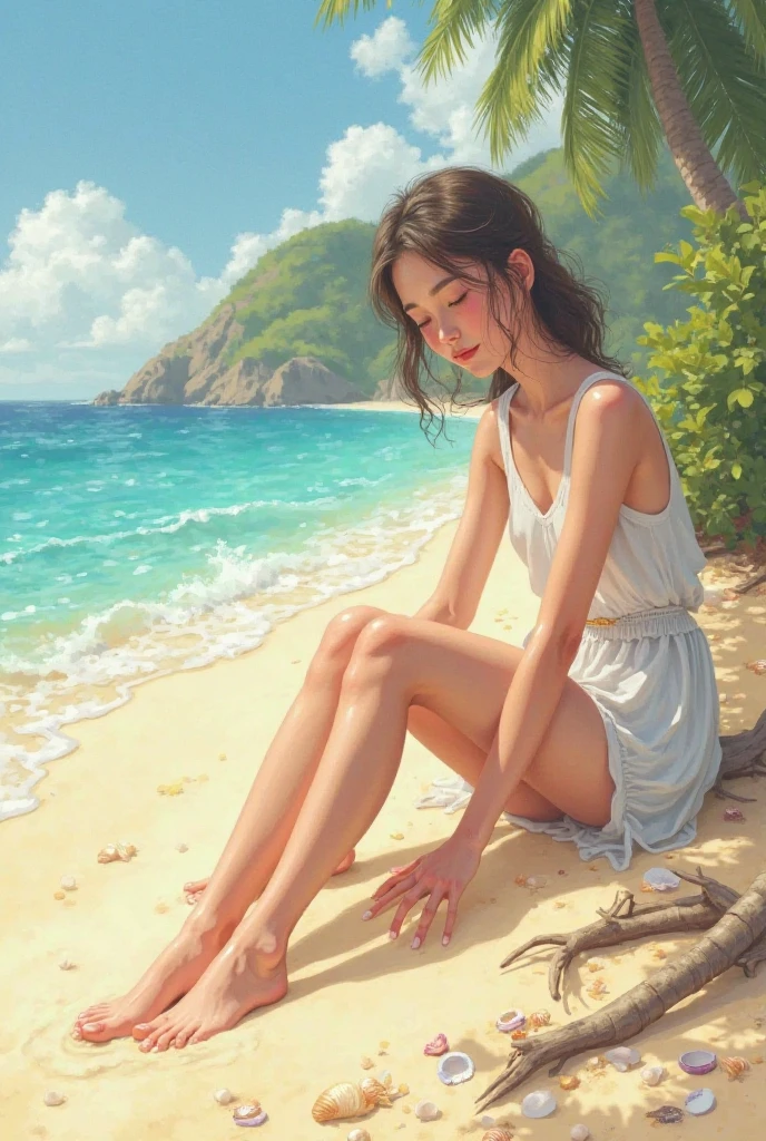 (detailed illustrations,Very detailed and precise drawing,Delicate drawn lines with tempo,Realistic texture expression),[color traced main line],midsummer beach[[tropical country]],(Girl(beautiful girl)[[big eyes]])[11 years old](SKINNY[bony body][very thin breasts[small nipples with pointed points,]][リアルな乳頭のdetailed]),[During orgasm](sweaty[Trance]) Eros in the Natural Body (Nude gravure),[Ideal Eros],([リアルな女性器のdetailed:0.8] [(clitoris) [labia minora]]),(Fine and beautiful skin expression [transparency]),[完璧な目のdetailed (Beautifully detailed iris)[eyes like jewels]],[long and beautiful eyelashes],[precisely drawn hair [美しく艷やかな髪のdetailed]],(完璧な手のdetailed [Beautiful fingers with no damage [beautiful nails]]),(perfect anatomy(perfectly balanced proportions))[[full body portrait]],[ideal color coordination(Accurate simulation of light and material interactions)],(HighQuality,High resolution,(detailed,High definition)),[[Soft ambient light]],[realistic],[Visual art that tells a story] [[full body portrait]][[Watercolor style coloring]][Colorful].