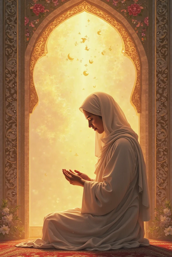 A beautiful Muslim woman is kneeling on the carpet on the ground at night, raising her palms and praying to God. Very small flying luminous insects. The scene is relaxing. painting .