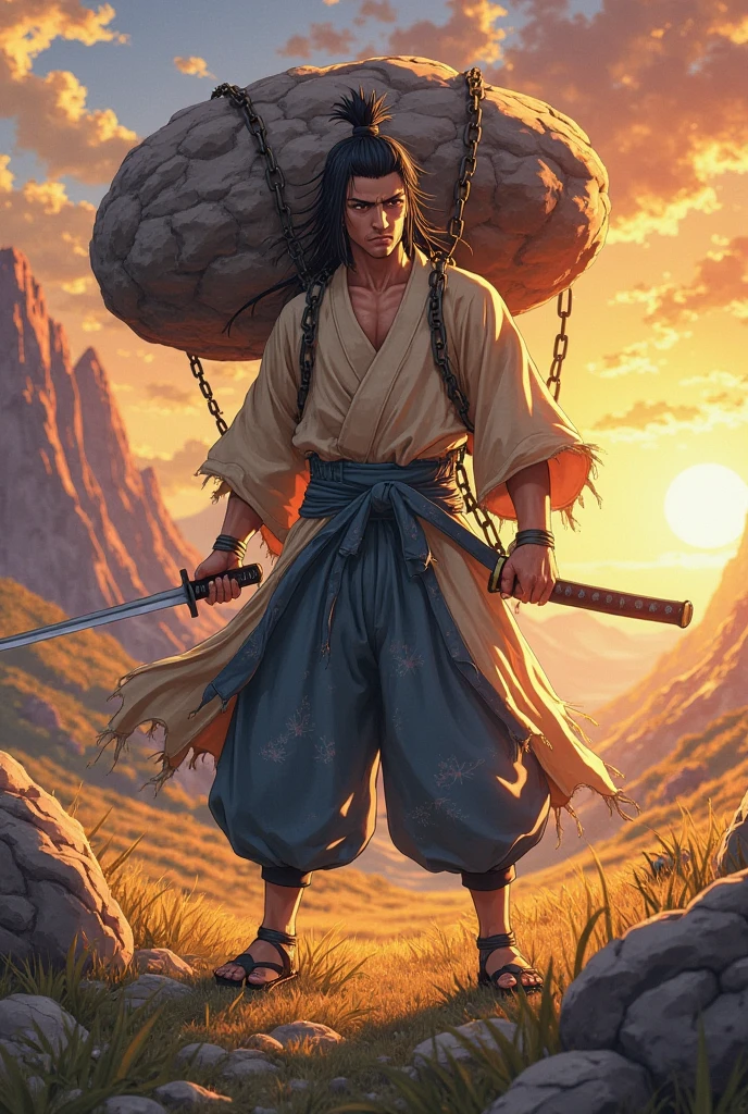 Caixa de arte estilo anime, without losing the original features of the face and persogem clothes and hair, will be a 17-year-old man, garoto afro com uma katanana japonesa