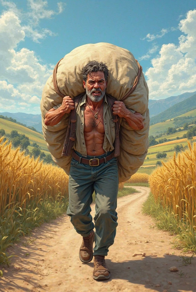 man carrying seed plus bags, He can hardly handle more bags, but he starts working out and gets stronger to carry more bags, stronger and bigger.