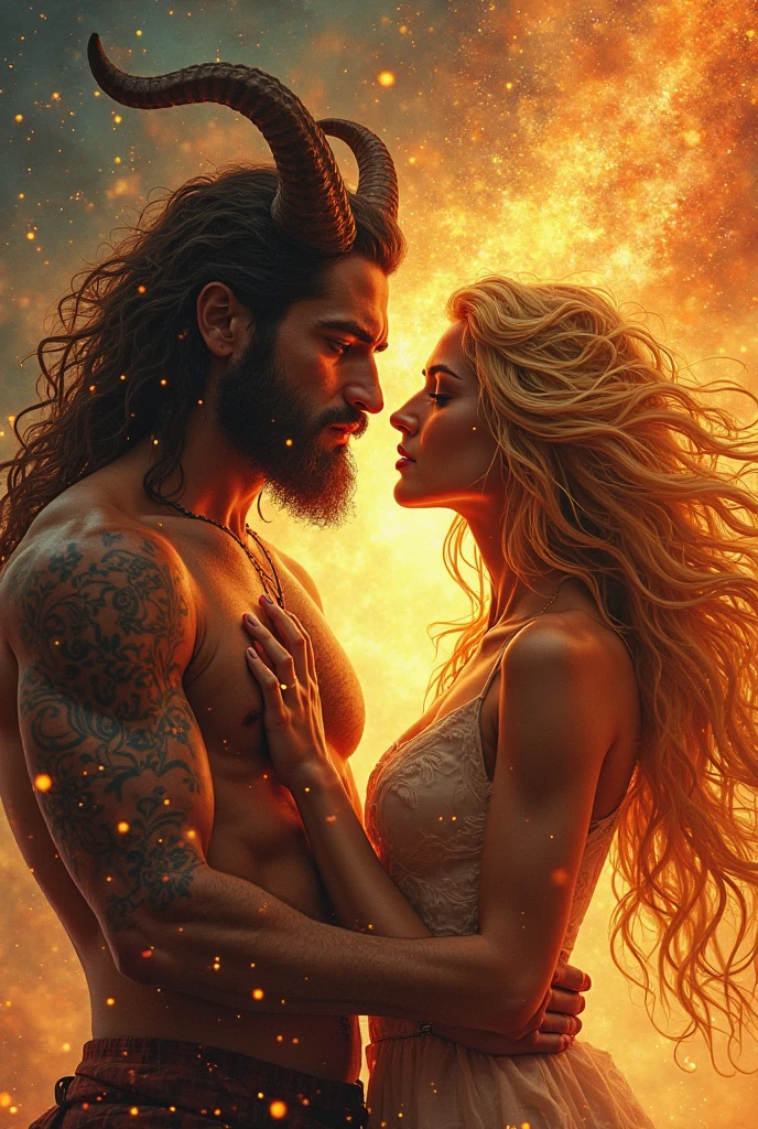 Male shaman and a female yogini, sacred rebels. He is muscular, broad, bald, bearded. She is blond, long haired, voluptuous, hourglass body, toned with abs, a lot of hippie style ethnic jewelry, scantily clad in tones of pink and white. Psychedelic picture of a very attractive couple, sparks flying, polarity, spiritual.
