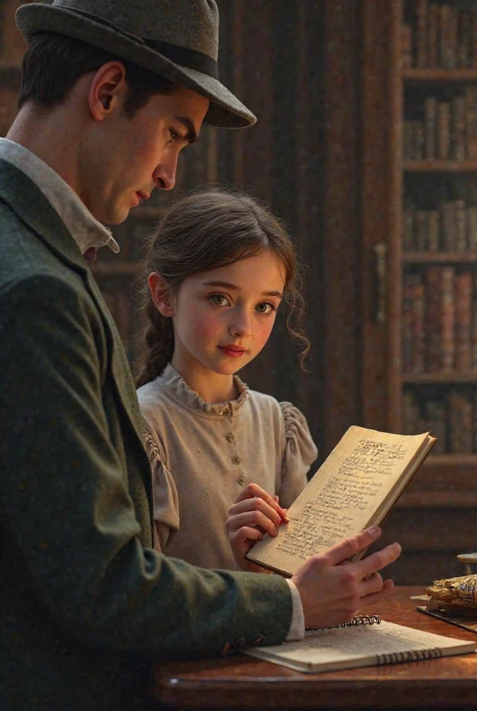 Two people、Girl and rabbit in a tailcoat、Sit on top of a huge type of spread、Unravel the mystery、A rabbit uses a large magnifying glass to look at the print of a human book、