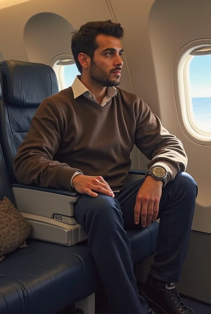 portrait, Hot pilot, airplane, formal shirt, tight trouser, tie, muscular, beefy, formal wear, tight clothes, fully clothed, hairy arms, beard, cute, full body, well built, intricate details