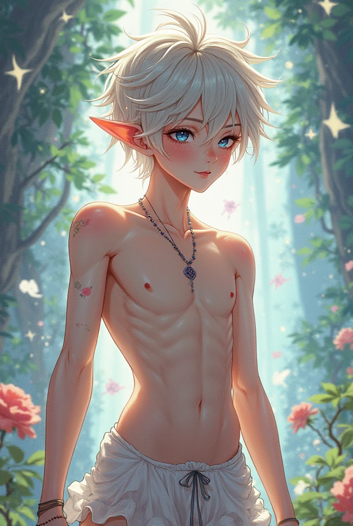 Garoto elfo, elfo de cabelo branco, elfo bonito garoto com franja, garoto de cabelo desenhado e curto, cabelo branco, garoto bonito de cabelo branco, boy with elven ears, garoto em um lago, boy with white hair and elven ears