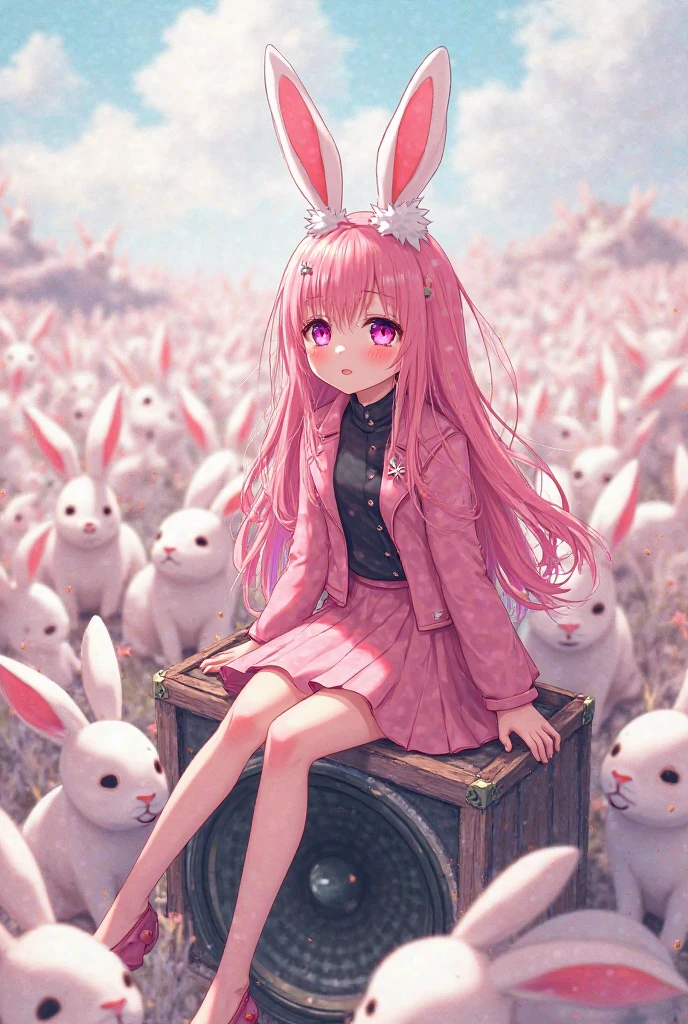 make、top-quality、perfect anatomia、nice hand:1.2)、1girl in、独奏、Beautiful girl walking in the park、Long pink hair、springtime、Flowering trees、Sakura、Green grass、a park、Standing split、Standing on one leg、Raising legs、Wearing white stockings、Stockings、White tights、pink sailor suit、The chest is open、a miniskirt、Wear pink high heels、Wearing light-rimmed glasses、Wearing a red tie、Large, Perfectly shaped breasts、Rabbit ears on the head、Charming face、A smile、Cute round face、girl with,Perfect promotion、Balance between face and body、17 age、Height 168cm、There is one rabbit on the ground、slender long legs