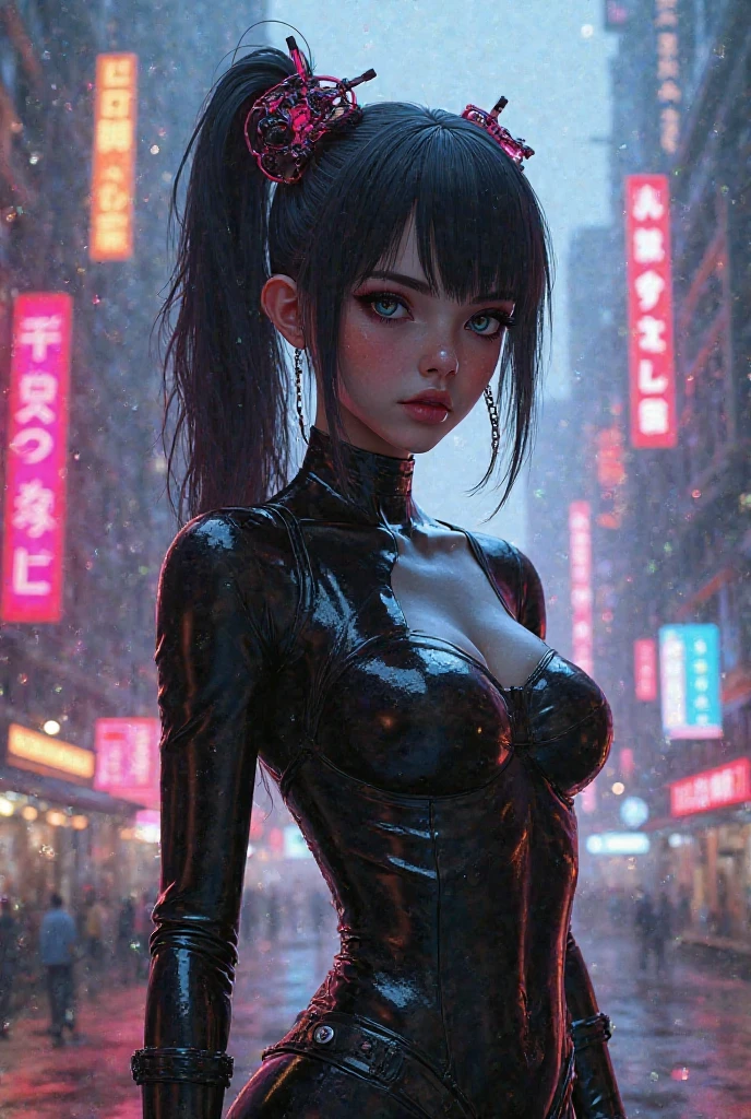 (best quality,4K,height,Masterpiece:1.2),Very detailed,(realistic:1.37), sexy、crowded busy street、Surrounded by spectators、crowd、Bright, pinkish white skin、Sweat dripping all over.、Slender model figure、Double bun hairstyle、black hair、Soaking wet、Very small face、Collars and leashes、large cleavage、cyberpunk city、photography、Countless Swordicro Bikinis,white,Black umbrella、Latex、Decorate the heart、 Cinematic edge lighting, Fine light, Masterpiece, Superb details, An epic work, Ultra high resolution, High quality