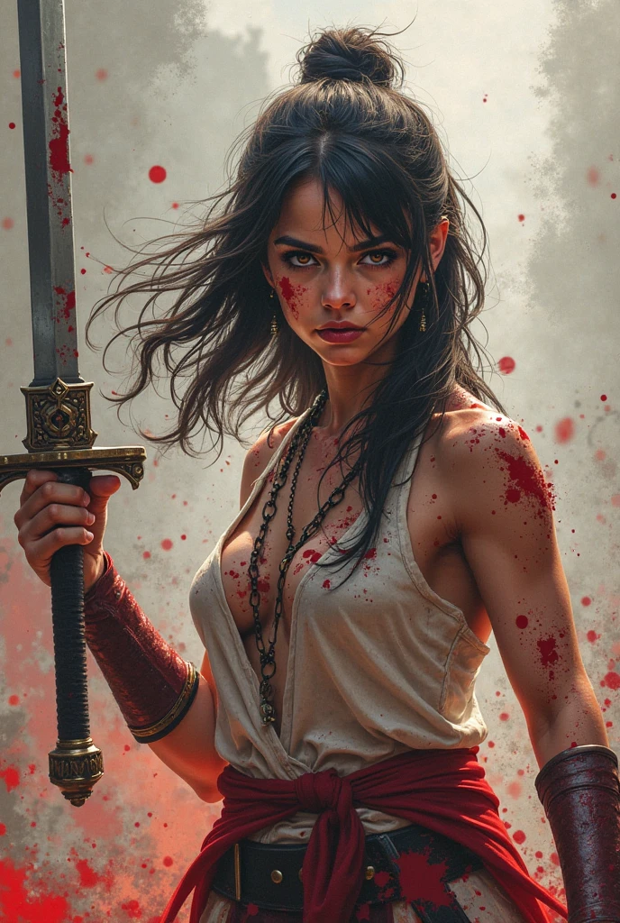 A breathtaking masterpiece painting featuring a powerful and scarlet-clad female Amazon warrior. She is wielding a sword and wearing a loincloth, with her long, flowing dark hair cascading down her shoulders. The painting is a collaborative work of art by Willem Kalf, Ernst Fuchs, Artgerm, Range Murata, Jeremy Lipking, Eve Ventrue, Pino Daeni, and Willem Claesz. Heda, showcasing their signature styles. The high-resolution image captures every detail in this fan favorite piece, which features Imogen Poots as a holy warrior. Greek building in background