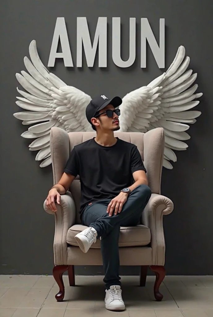 Create a 3D illusion for a profile picture where a 25 year old cute boy in a white shirt sitting casually on a wingback chair. Wearing sneakers. he looks aheab. the background features "Al nadim" in big and capital yellow neon light fonts on the dark grey wall. There should not be his shadow. And there are Wings to make it appear as it he is an angel