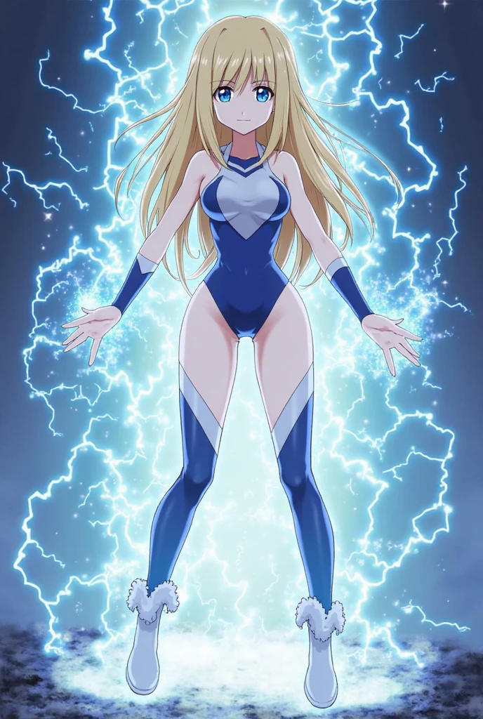 1girl, tall body, light blonde hair, aquamarine eyes, boots, breasts, bracelets, hair ornament, (shoulder-length hair, ponytail, bangs), full body with costume, (leotard, perfect leotard, gymnast outfit leotard, white leotard with blue accents, bare legs), hi-tech shoulder pads, (white boots), medium breasts, perfect hands, complete fingers, perfect ???????, perfect proportions, solo, solo focus, superhero, ((blue lightning logo on chest)), beautiful detailed eyes, beautiful detailed face, age 18, asuka suit. crossed arms. she spins at an incredible speed, creating a whirlwind of air around her, she spins at super speed, spiral lines and tornado winds round her.