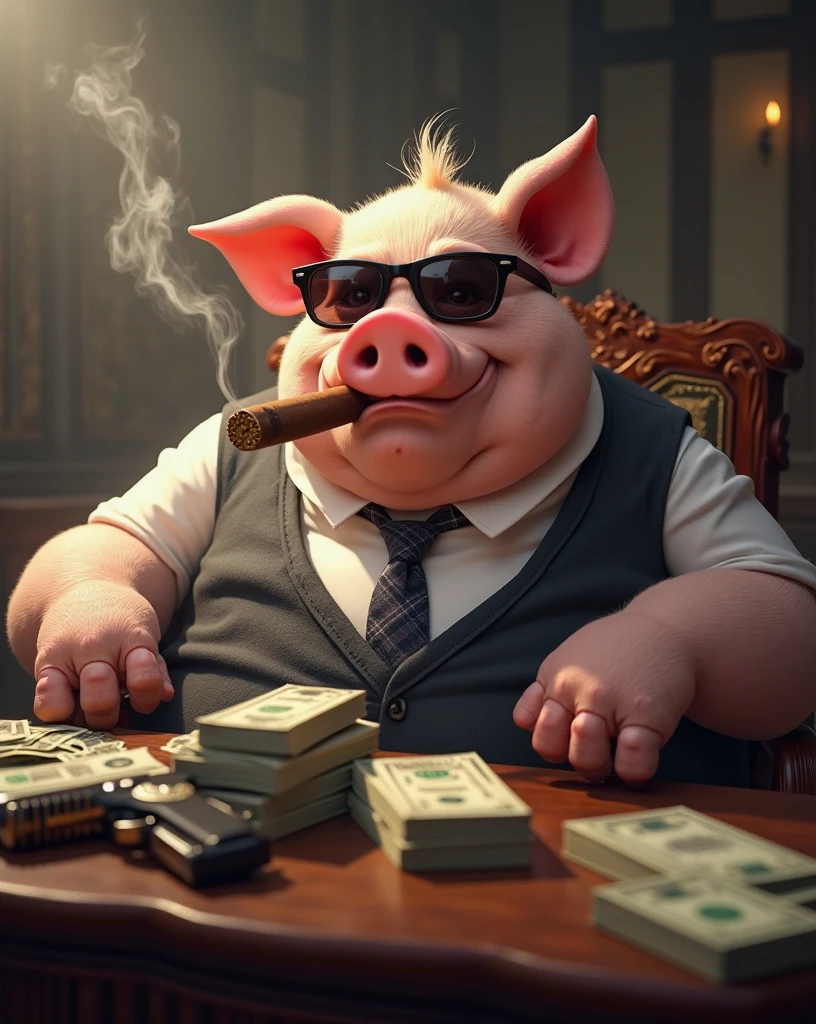 A fat man with a pig mask smoking a cigar in a pool of money, beautiful models laughing and throwing up dollar bills in bikinis 