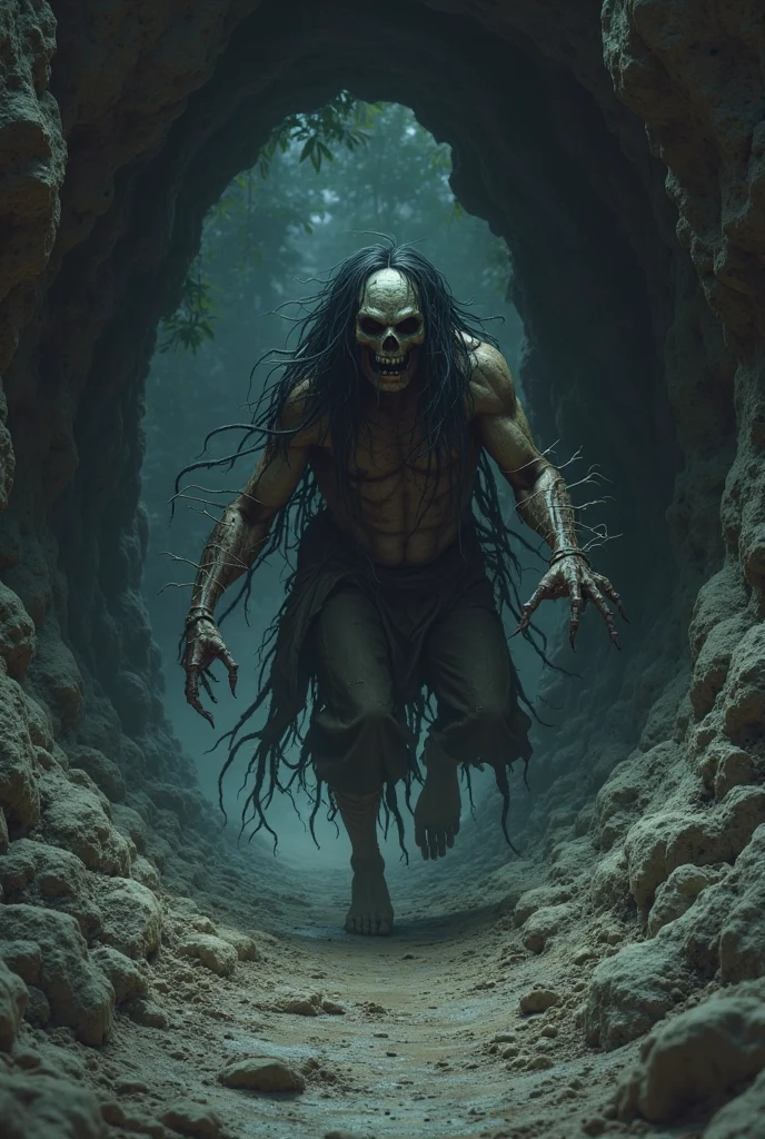 Depiction of an Aghori consuming human flesh or fluids in a post-mortem ritual, with a sense of eeriness and mysticism." Image with realistic vision v6.01 b1