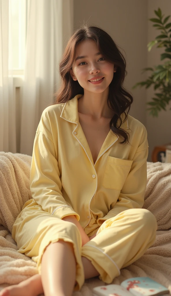 ((naked :1.5、Yellow pajamas)), incredibly absurd, beautiful and cute 20-year-old Korean girl with a photorealistic face, showcasing top-quality craftsmanship. Her slender frame is adorned with short, messy hair. The artwork is high-resolution, allowing for ultra-detailed features to be captured flawlessly. The girl is depicted naked with white fluids all over her. The focus lies on the realistic pupils, showcasing depth and emotion.