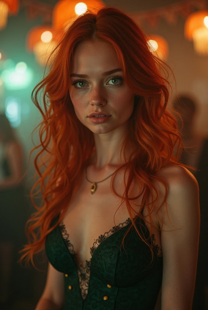 portrait photo of LenkaRegalova beautiful woman, red hair,  topknot, nightclub sitting at bar (masterpiece) (best quality) (detailed) (8k) (HDR) (wallpaper) (cinematic lighting) (sharp focus) (intricate)