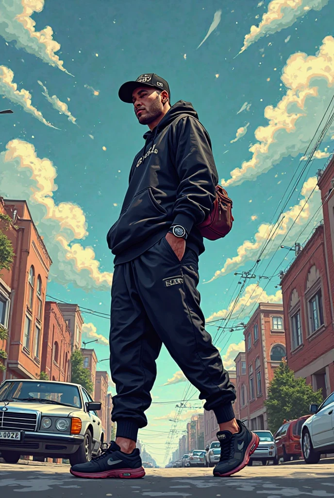 black man with a locs smoking a cigarette at night above the city below wearing jordans