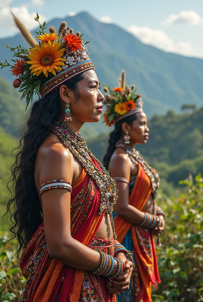 A prehistoric hunter-gatherer couple celebrating a successful hunt, surrounded by colorful flora and fauna. Ensure their clothing and body paint reflect the rich, natural pigments available during that era