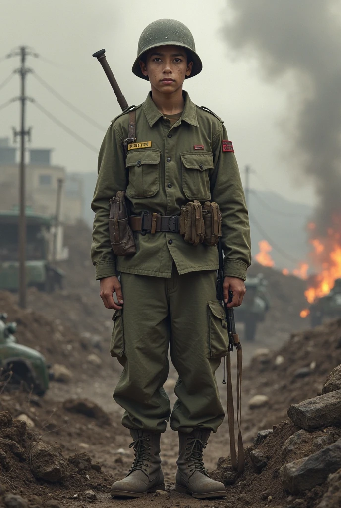 4D realistic images. 50 year old Indonesian, tall and straight, oval face, brown skin. wearing an army uniform, with the rank of colonel, there is a red and white flag emblem on his arm. wear a bulletproof helmet. bring a 3-tier lunch box. tense atmosphere. the soldiers shot, tanks and planes. rubble from destroyed buildings and fragments of walls. Realistic, highly detailed, ultra hdr, 8K images