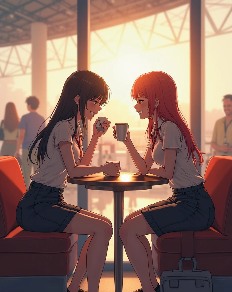 1 red haired ladies drinking coffee and 1 red haired short lady drinking coffe and 1black haired lady drinking coffee 