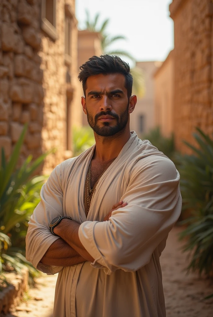 Un homme libanais, s'appele Ahmad, 25 ans, cheveux longues noires, une courte barbe, les traits du visage sont nets et forts, a beautiful square face, classic elegant clothes, des beaux yeux noires, le front du visage est large, Beautiful athletic body