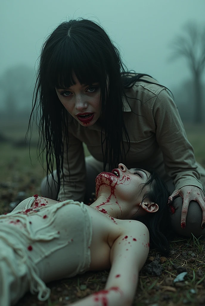 Create an ultra-high resolution, hyper-realistic rendering of a zombie model lying on the ground after a fresh attack, just before reanimation. She should have dead eyes, with fresh bites and gashes on her body. Her limp body should lie on the ground with legs spread apart. Her clothing is torn and dirty from the struggle. Include details like twisted hair and contorted lips for character. Emphasize subtle details such as sensual curves while maintaining a tasteful presentation. The background should depict a fierce battle for survival, with signs of chaos and destruction such as blood trails and broken objects. Ensure her body is complete and anatomically correct, emphasizing her eerie beauty and haunting charm. Full body picture. Stylize picture to 9:16 ratio.