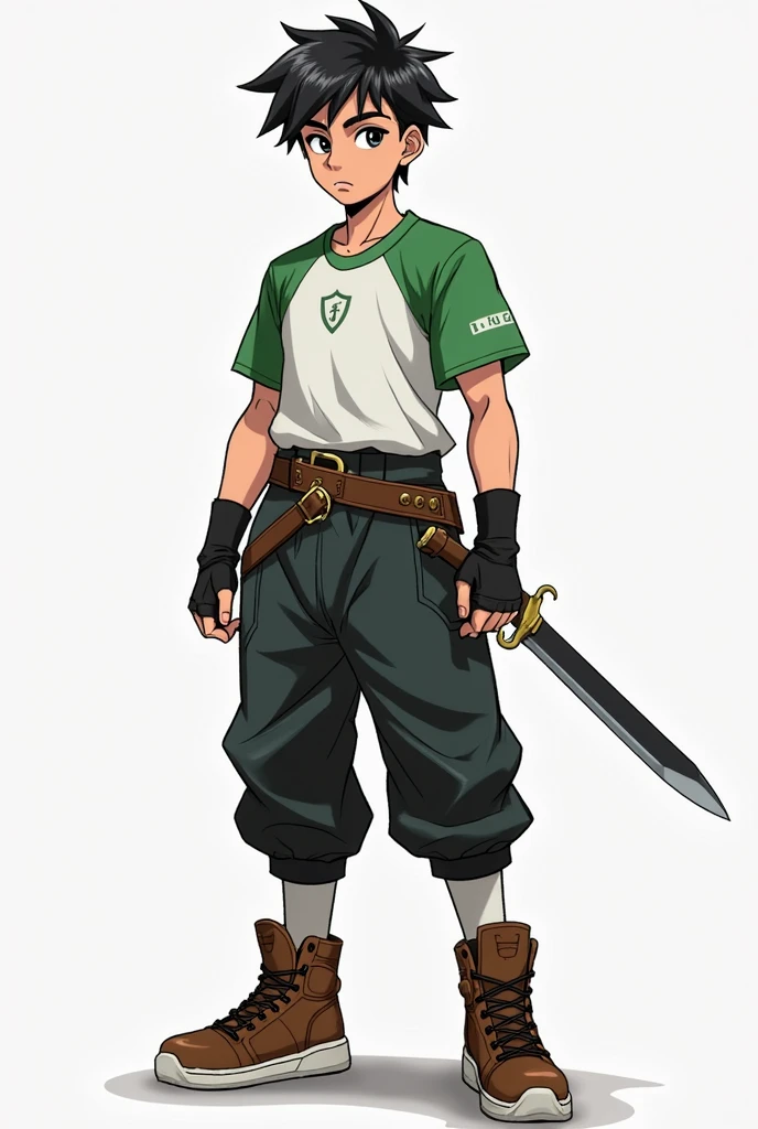 gagharv, solo, 1boy, male focus, brown hair, green eyes, weapon, scarf, headband, sword, simple background, belt, bandages, cowboy shot, standing <lora:gagharv:1>