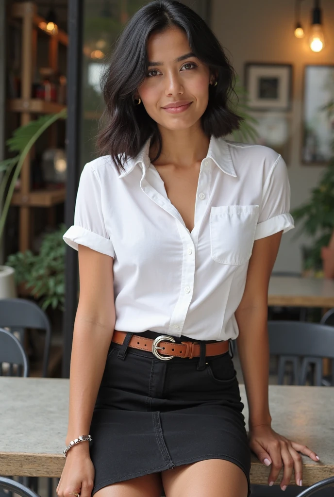 A young girl with short black hair in a white blouse and blue pants