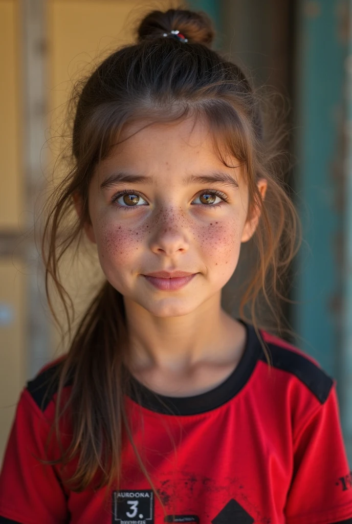  13 years old, hideous smile, creepy, olhar malicioso, gray eyes, abandoned city background, drawning, dressing, intense stare, straight hair with a braid above the shoulder.