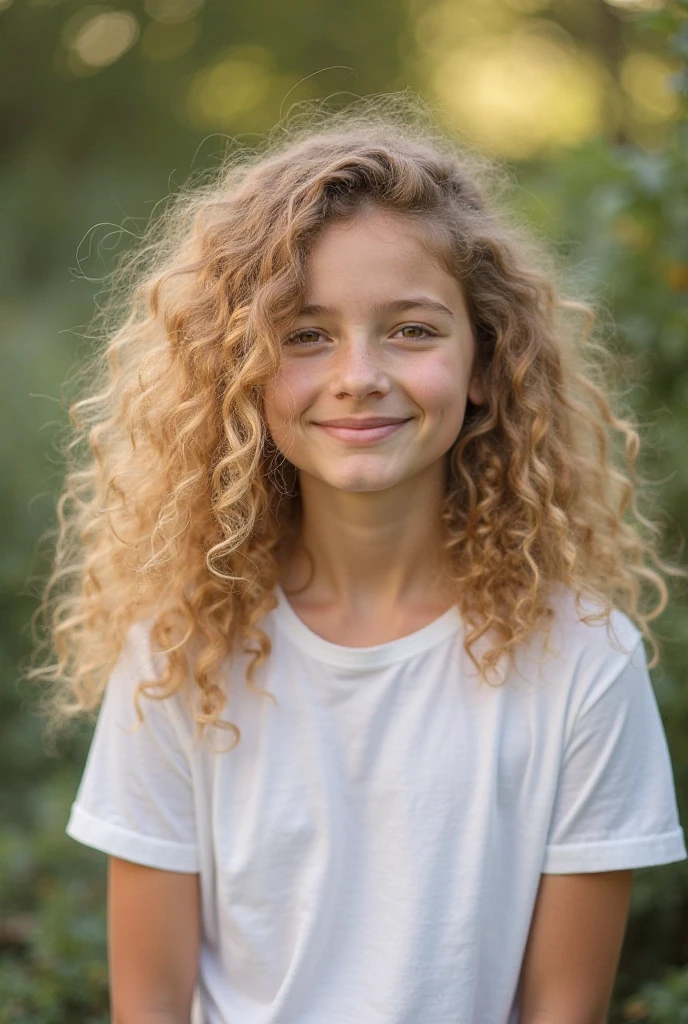 Curly-haired 12-year-old girl on top of a giant's hand