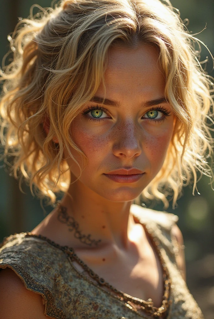 masterpiece of photorealism, photorealistic highly detailed 8k photography, best cinematic quality, volumetric lighting and shadows, shaggy hair medium blonde young woman in Sawgrass Brown ctmp, Ancient Temples Hidden in Jungle Canopies Dramatic High-Angle Perspective