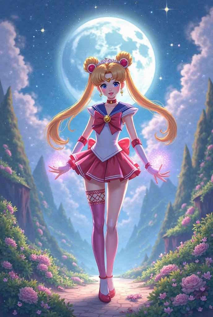 masterpiece, best quality, (1girl), supersailormoon, detailed face, smile, nigh sky, moonlight, moon, sakura trees, white gloves, detailed eyes, detailed face, fullbody, galazy background, gigantic breasts, giga_busty, back view from below