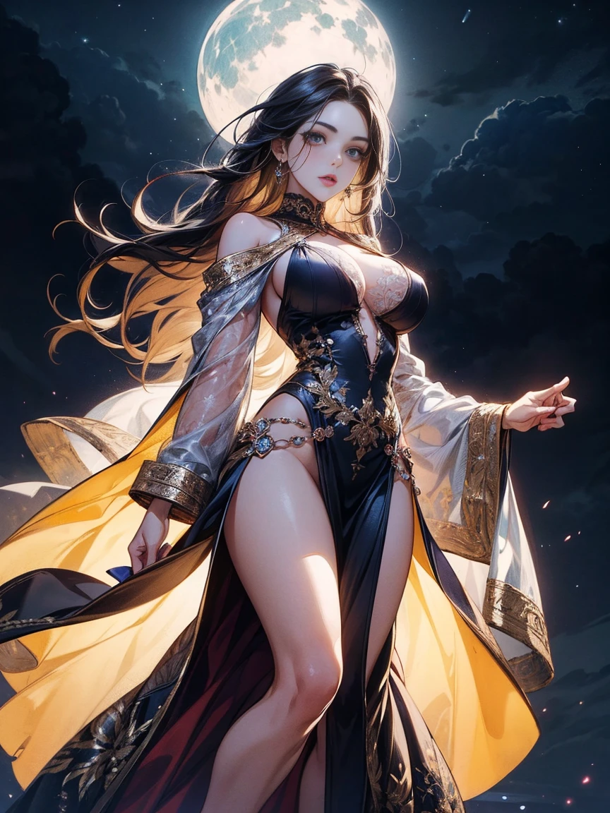 An exquisite fusion of art styles, showcasing a girl in a LOINCLOTH crafted from gemstones, standing atop a mystical moonlit altar, surrounded by an ethereal, dreamlike landscape that blurs the lines between reality and fantasy.