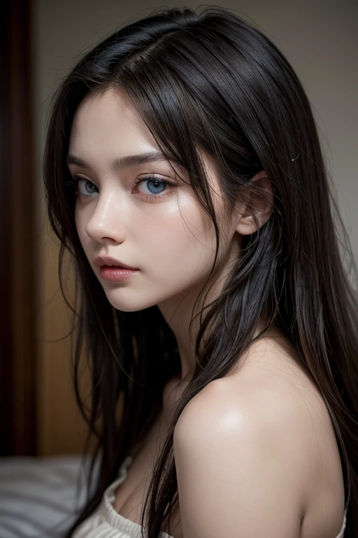 Ultra Realistic Photo, 20-year-old woman, blackquality hair, she has very blue eyes, she is a countess, she lives in 1800, she wears a long red dress that resembles fire