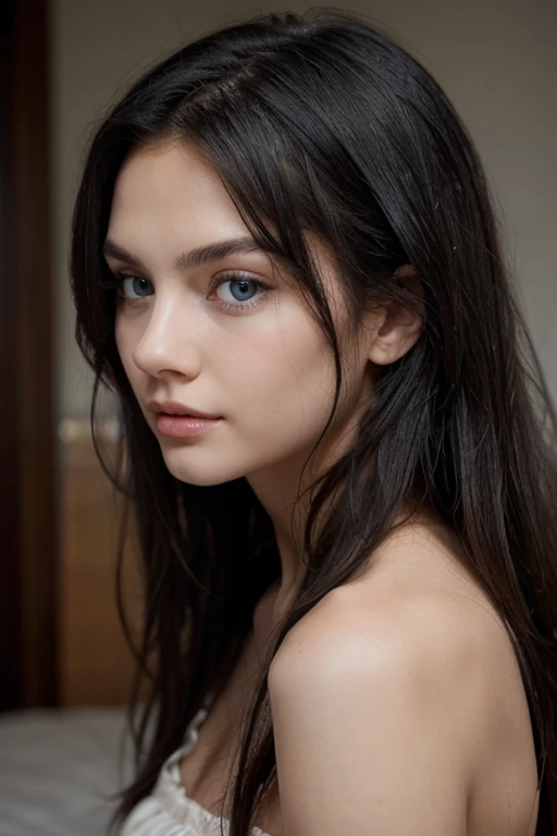 (HD photograph:1.6), best quality, professional portrait, ultra detailed, 8k, professional lighting, f2.8, headshot, pretty 18 year old girl, cute, perfect skin, (long dark hair:1.3), highly detailed eyes, mascara, heavy eye makeup, detailed skin, very busty, (pale skin:1.2), bokeh